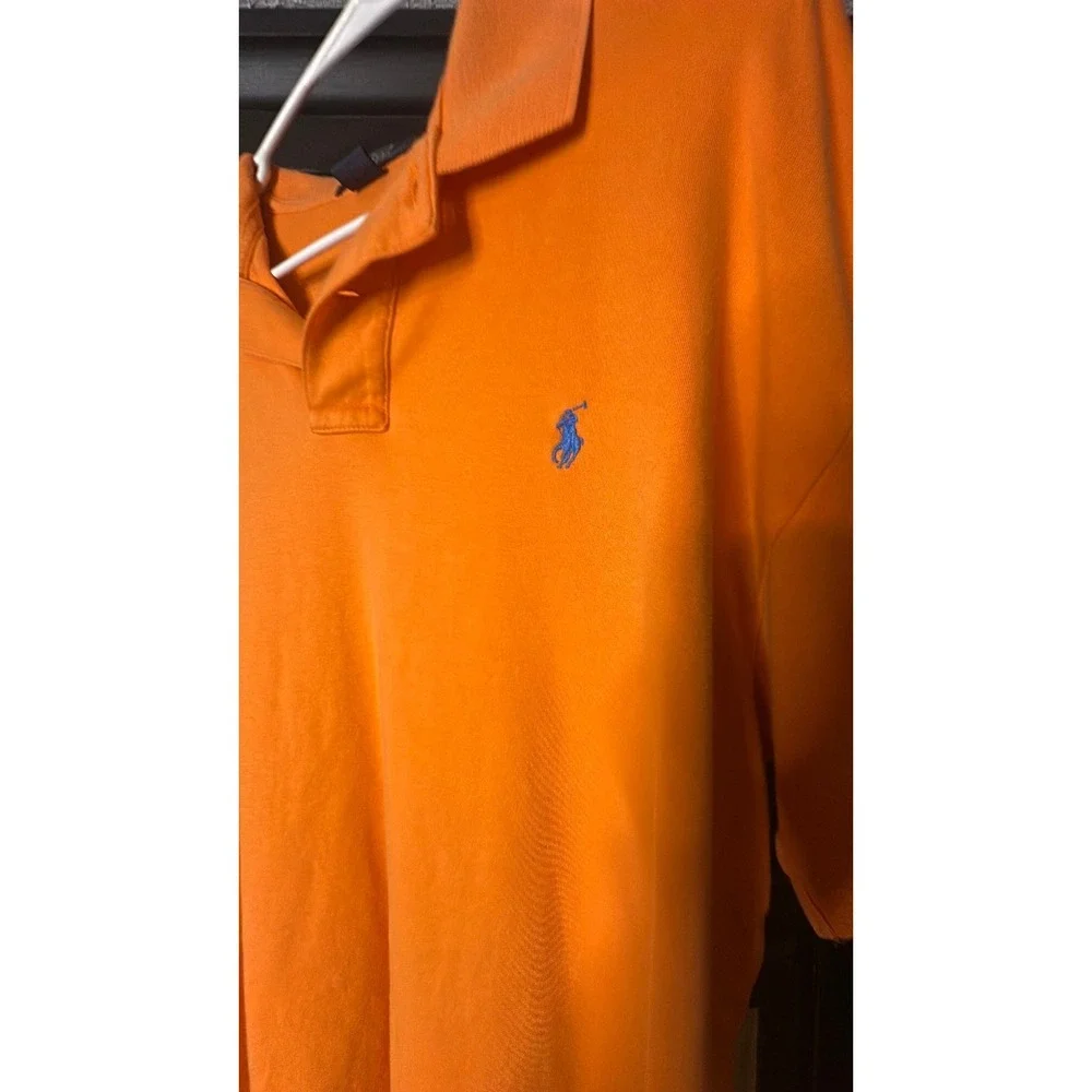 Polo Ralph Lauren short sleeve orange with aqua blue pony collar wear side torn